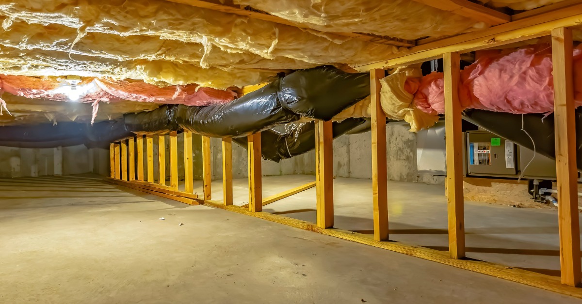A basement or crawl space featuring insulation between wooden beams under the building's floor structure.