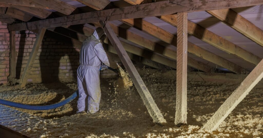 A person in a white protective suit sprays loose insulation from a hose across the floor of a timber attic.