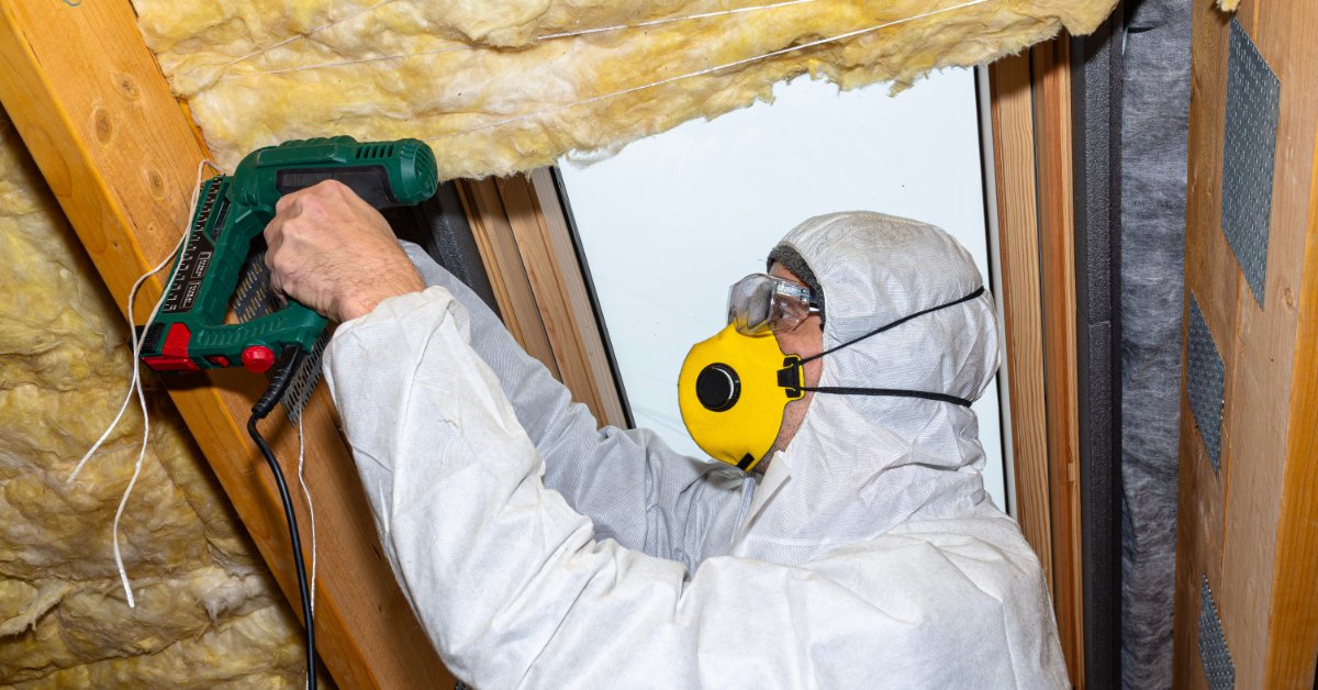 A person wearing protective gear uses a green tool to fasten yellow insulation between wooden attic beams.